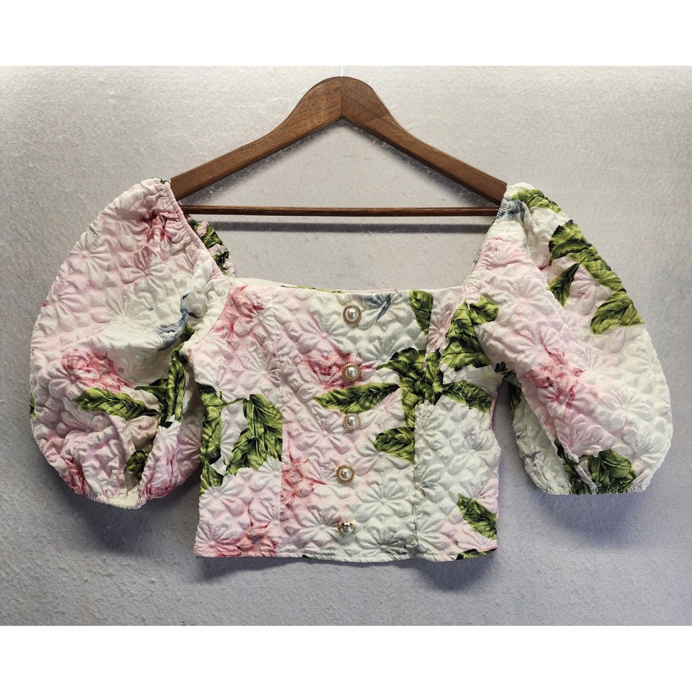 Pink Floral Textured Puff Sleeve Crop Top Pearl Button Size S US 4 - Picture 7 of 8